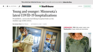 Screen shot from Star Tribune website with headline "Young and younger: Minnesota's latest COVID-19 hospitalizations." A photo under the headline shows a health care worker donning a protective gown, mask and goggles.