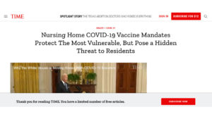 Screenshot of Time magazine website with a photo of the U.S. president under the headline "Nursing Home COVID-19 Vaccine Mandates Protect The Most Vulnerable, But Pose a Hidden Threat to Residents"