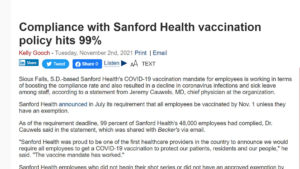 Screen shot of Becker's Hospital Review website with headline "Compliance with Sanford Health vaccination policy hits 99%"
