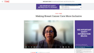 Time magazine screen shot with headline "Making Breast Cancer Care More Inclusive." The video image shows a woman speaking against a blurry bright background.
