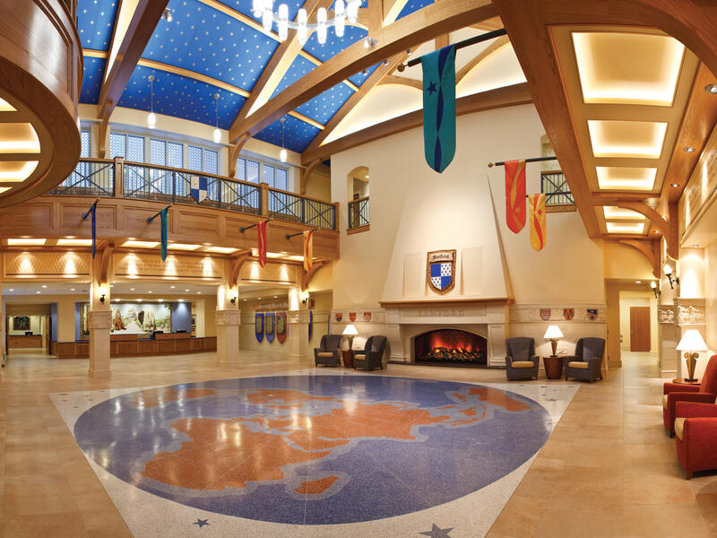 Sanford Children's Hospital lobby with soaring ceilings, banners and chanedeliers make it look like a castle.