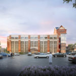 Architectural rendering of Sanford Digestive Health Center with a tower on one end and parking lot in front.