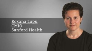Screen shot from HealthTech magazine with headshot of doctor with white type: "Roxana Lupu, CMIO, Sanford Health"