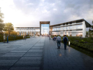 Sanford Virtual Care Center illustration of a glass-filled building with two wings, viewed from the sidewalk.