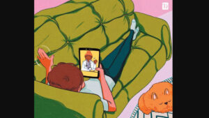 Illustration of a patient lying on a couch, waving to a doctor on a tablet screen while an orange cat naps on the rug.