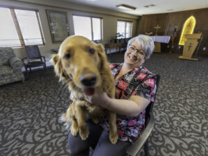 Pam Stweart smiles with a full-grown golden retriever sitting on her lap.