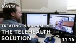 Screenshot from YouTube of doctor hosting video call with patient. Text overlay says "STAT docs: Treating rural America, the telehealth solution."