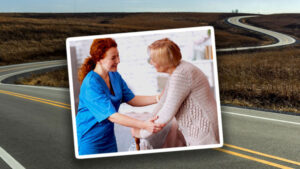Photo collage with nursing home nurse and senior in foreground photo, rural road in background photo.