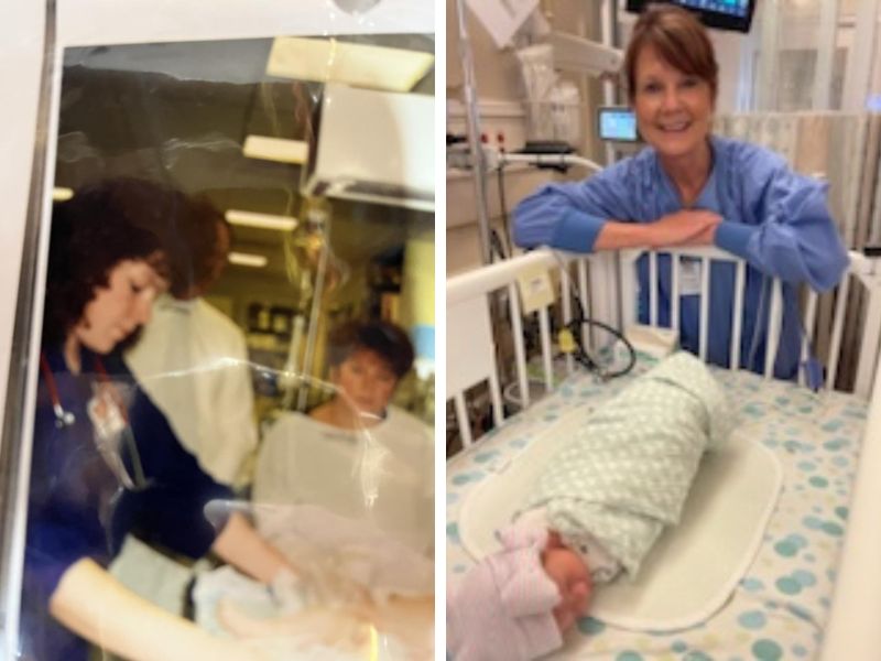 Two-photo collage of NICU nurse caring for babies in cribs in 1995 and 2023.