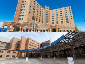 Two-photo collage of Sanford Fargo Medical Center and Sanford USD Medical Center exteriors.