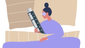 Illustration of woman in bed while cuddling a large needle.
