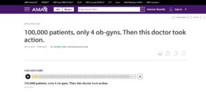 Screenshot from AMA website with headline "100,000 patients, only 4 ob-gyns. Then this doctor took action."