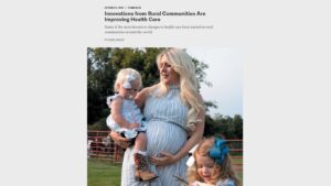 Screenshot from SciAm website with photo of a pregnant woman and two little girls on a farm, under the headline "Innovations from rural communities are improving health care."