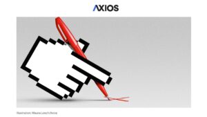 Illustration of digital pointer hand holding a red pen under AXIOS website menu.