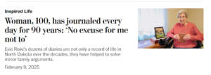 Screenshot from washingtonpost.com with photo of happy senior woman and headline: "Inspired life. Woman, 100, has journaled every day for 90 years: 'No excuse for me not to'"