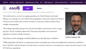 Screenshot from AMA website. Joshua Crabtree photo next to headline "Sanford Health nearly doubles residency program to boost recruitment."