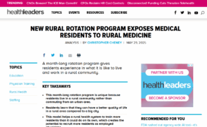 Screenshot from healthleadersmedia.com with headline "New Rural Rotation Program Exposes Medical Residents to Rural Medicine"