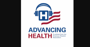 Advancing Health podcast logo with blue headphones and red stripes in a flag shape.