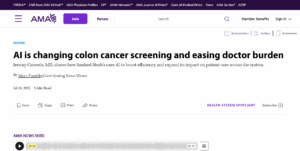 Screenshot from ama-assn.org with headline "AI is changing colon cancer screening and easing doctor burden"