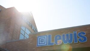 Looking up at a brick roofline of a combined Sanford Health and Lewis Drug.