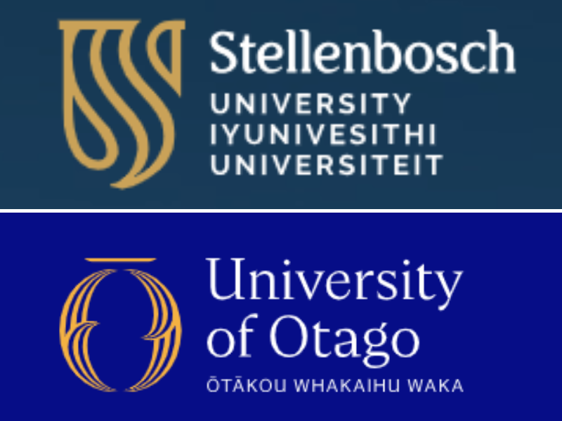 Two logos stacked vertically for Stellenbosch University/Iyunivesithi/Universiteit and University of Otago/Otakou Whakaihu Waka.