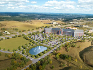 Bird's eye-view rendering of new hospital in the Black Hills of South Dakota on a sunny day.