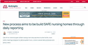 Screenshot from McKnights website with headline "New process aims to be build SAFE nursing homes through daily reporting"
