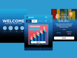 Three illustrations of streaming services screens on blue background, all Sanford Health-branded to announce top baby names: "Welcome" screen, "Trending Now" screen and "Only Babies in the Building" screen.