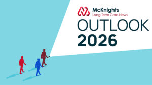 Illustration with icons of three men walking with flashlight beam on the words "McKnight's Long-Term Care Outlook 2026"