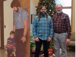 Facilities managers then and now, with father and son as a child and father and son both as adults.