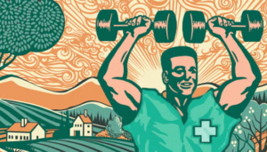 Illustration of a man in medical scrubs lifting barbells on a rural landscape.