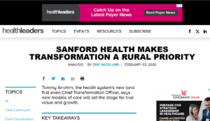 Screenshot from Healthleaders Media with headline "Sanford Health Makes Transformation a Rural Priority"