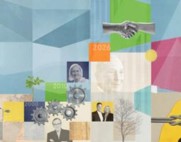 Collage of handshakes, gears, tress, and donor photos.