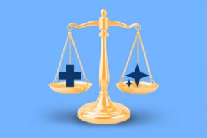 Balanced scale with hospital cross symbol on one side, AI sparkle emoji on other.