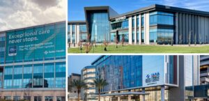 Collage of three glass hospital buildings.