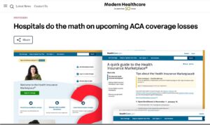 Screenshot from Modern Healthcare with headline "Hospitals do the math on upcoming ACA coverage losses"