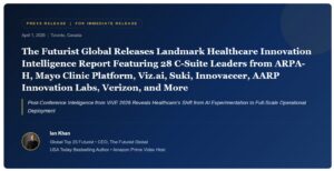 Graphic of Ian Khan with text: "The Futurist Global Releases Landmark Healthcare Innovation Intelligence Report Featuring 28 C-Suite Leaders from ARPA-H, Mayo Clinic Platform, Viz.ai, Suki, Innovaccer, AARP Innovation Labs, Verizon, and More"