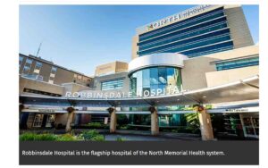 Screenshot from Healthcare Finance with exterior photo of North Memorial Health Robbinsdale Hospital