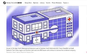 Screenshot from Healthcare Dive with two hospital puzzle pieces fitting together.