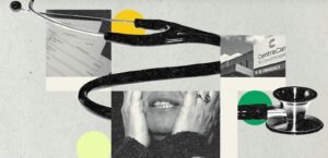 Screenshot from Minnesota Star Tribune. Photo collage of stethoscope, medical bills, hospital signs and a grimacing patient.