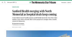 Screenshot from Minnesota Star Tribune with headline "Sanford Health merging with North Memorial as hospital deals keep coming"