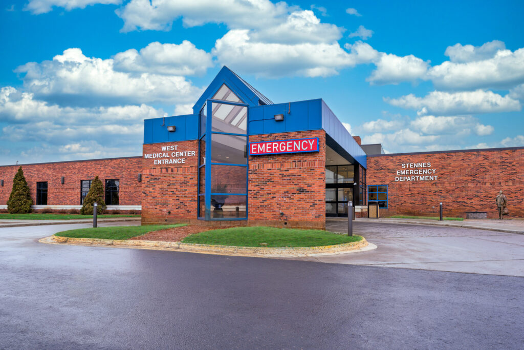 An image of Sanford Bemidji's emergency department entrance with text added to the building that reads Stennes Emergency Department.