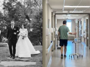 Two-photo collage of father and daughter walking down the aisle at her outdoor wedding; the next photo shows the same man walking down a hospital hallway with an IV cart.