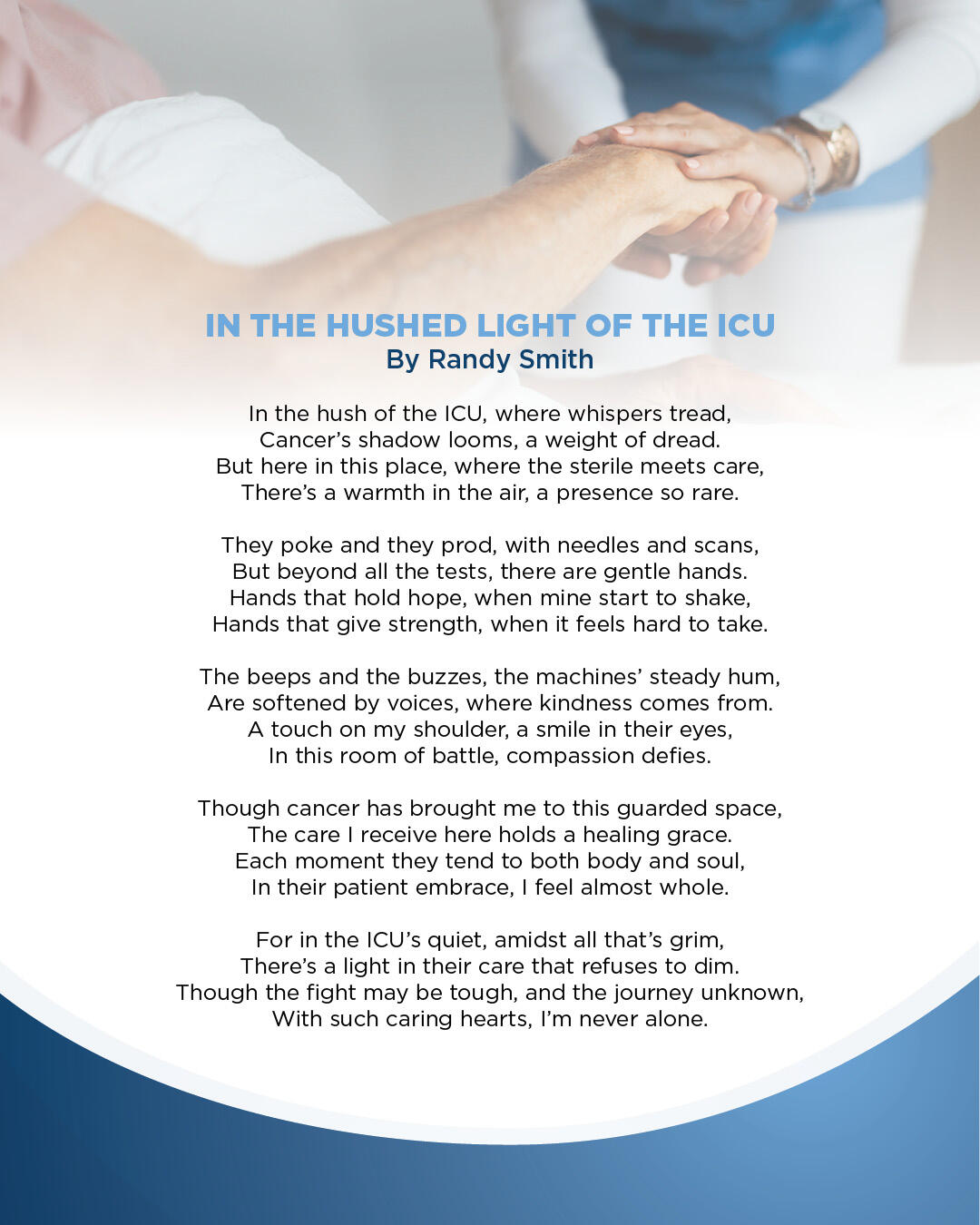 Poem over photo of caregiver and patient holding hands, titled "In the hushed light of the ICU"