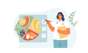 Illustration featuring a nurse or doctor pointing to a nutritious plate of food and checking boxes next to it.