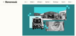 Screenshot from Newsweek with collage of a closeup of Benjamin Franklin’s eye as engraved on a United States $100 bill, an ambulance and a hospital.