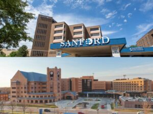collage of 2 hospital exteriors: Sanford Medical Center Bismarck and Sanford USD Medical Center.