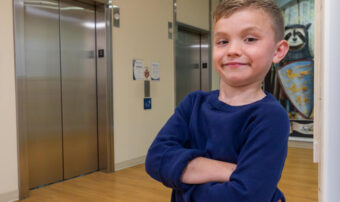Child’s voice animates hospital elevator rides