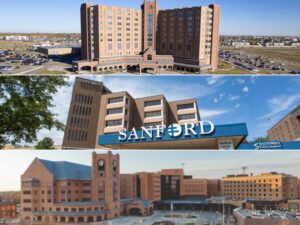 Three-photo collage of Sanford Health hospital buildings.