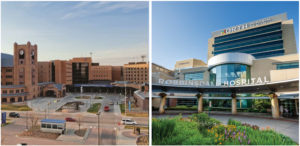 Two-photo grid of Sanford USD Medical Center and North Memorial Robbinsdale Hospital.